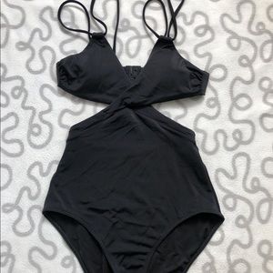 Lands’ End black criss cross cut out one piece bathing suit
